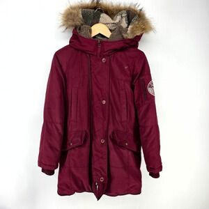 Thursday Island Parka Jacket Womens S Burgundy Hooded Faux Fur Sherpa Lined Coat